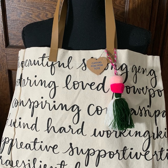 Canvas Pom-Pom Tote. NWNT. Approx. 18” across & 15” in length. - Picture 3 of 6